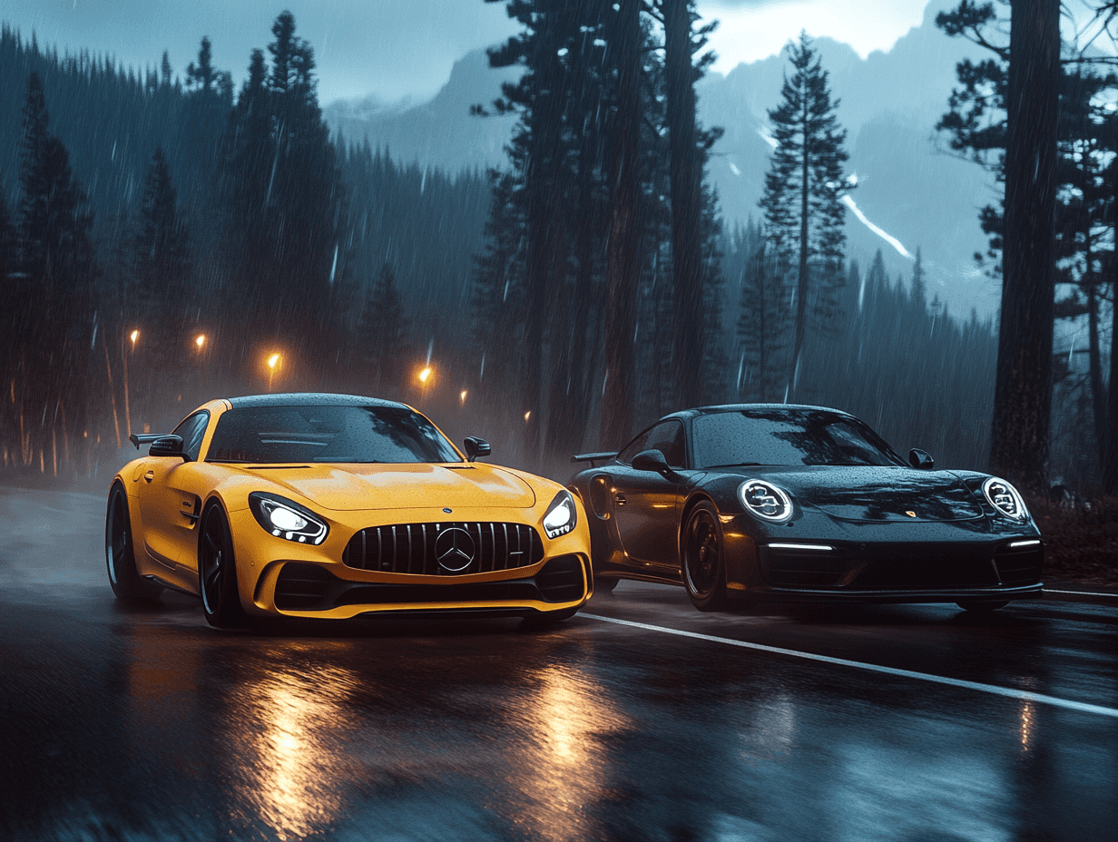  black porsche 911 vs yellow mercedes amg gt