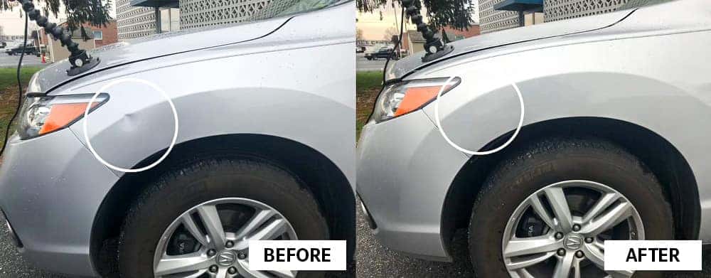 Before and after images of paintless dent repair