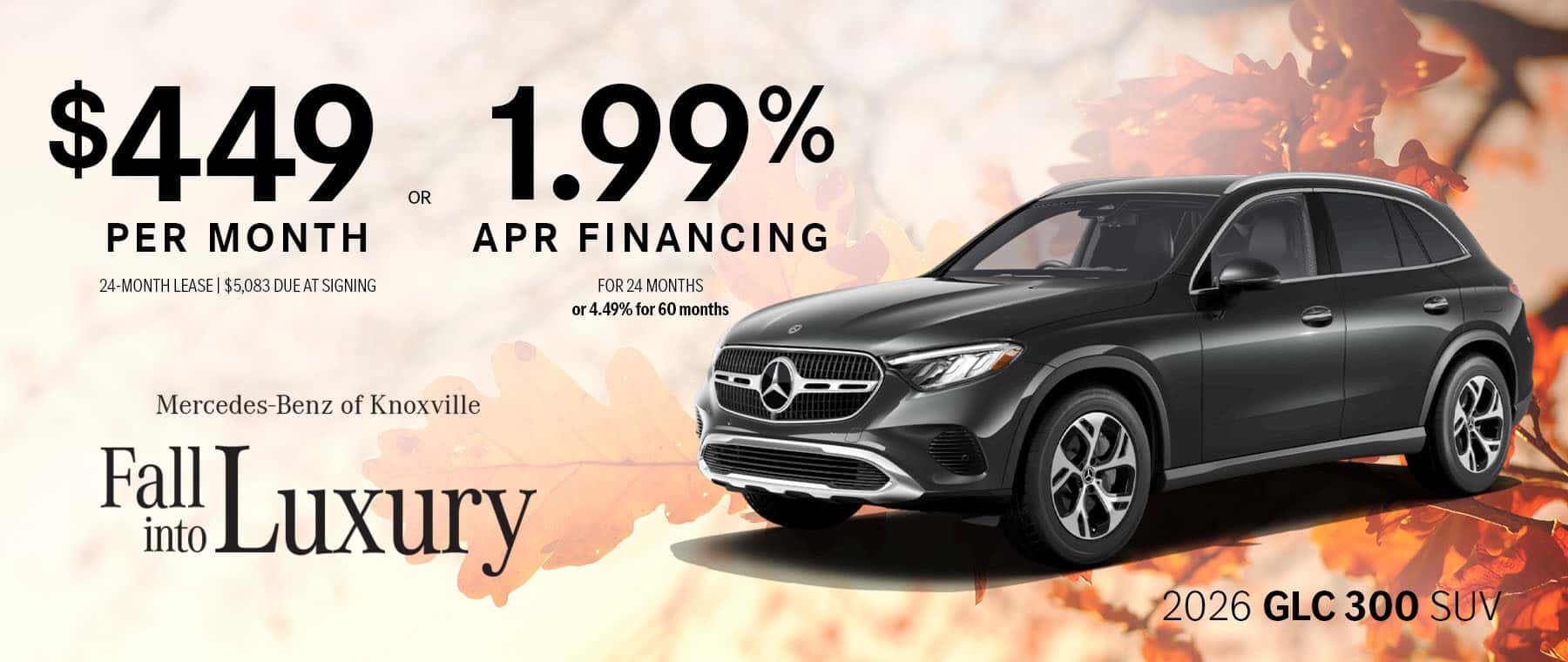 Enjoy special financing and lease offers on the 2026 GLC 300 SUV during the Mercedes-Benz of Knoxville Fall Into Luxury Sales Event