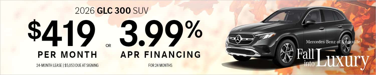 Enjoy special financing and lease offers on the 2026 GLC 300 SUV during the Mercedes-Benz of Knoxville Fall Into Luxury Sales Event