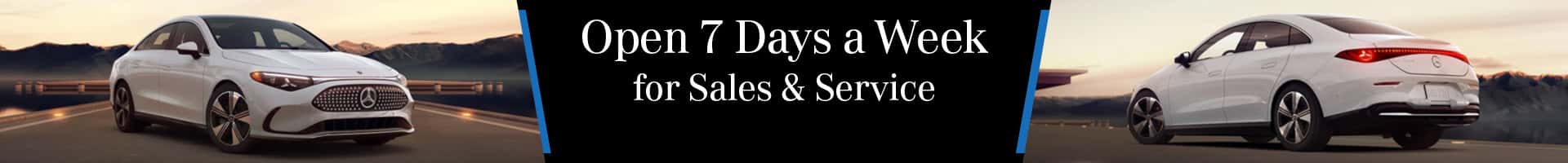 Mercedes-Benz of Massapequa dealership banner featuring a luxury Mercedes-Benz electric sedan with messaging highlighting sales and service availability seven days a week for drivers across Long Island and New York area