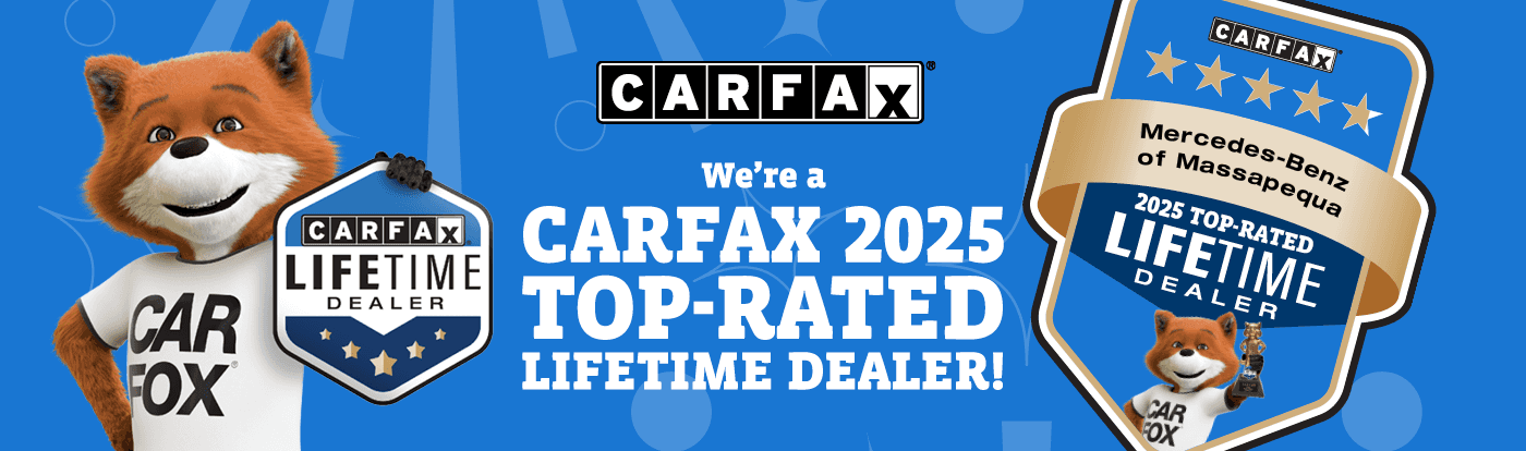 Mercedes-Benz of Massapequa recognized as a CARFAX 2025 Top-Rated Lifetime Dealer featuring the CARFAX Fox mascot and dealership award badge highlighting trusted customer reviews and certified pre-owned vehicle reputation in New York