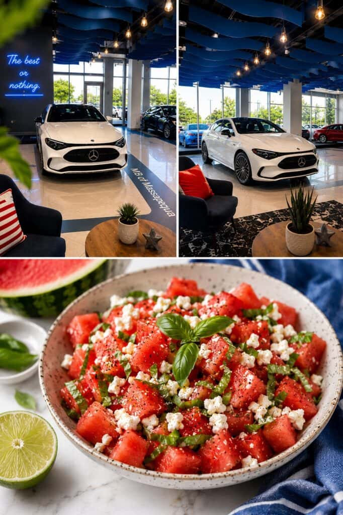 2026 Mercedes-Benz CLA 350 EQ Tech and Watermelon Feta Salad 2026 Mercedes-Benz CLA 350 with EQ Technology featured in a summer showroom collage with watermelon feta basil salad