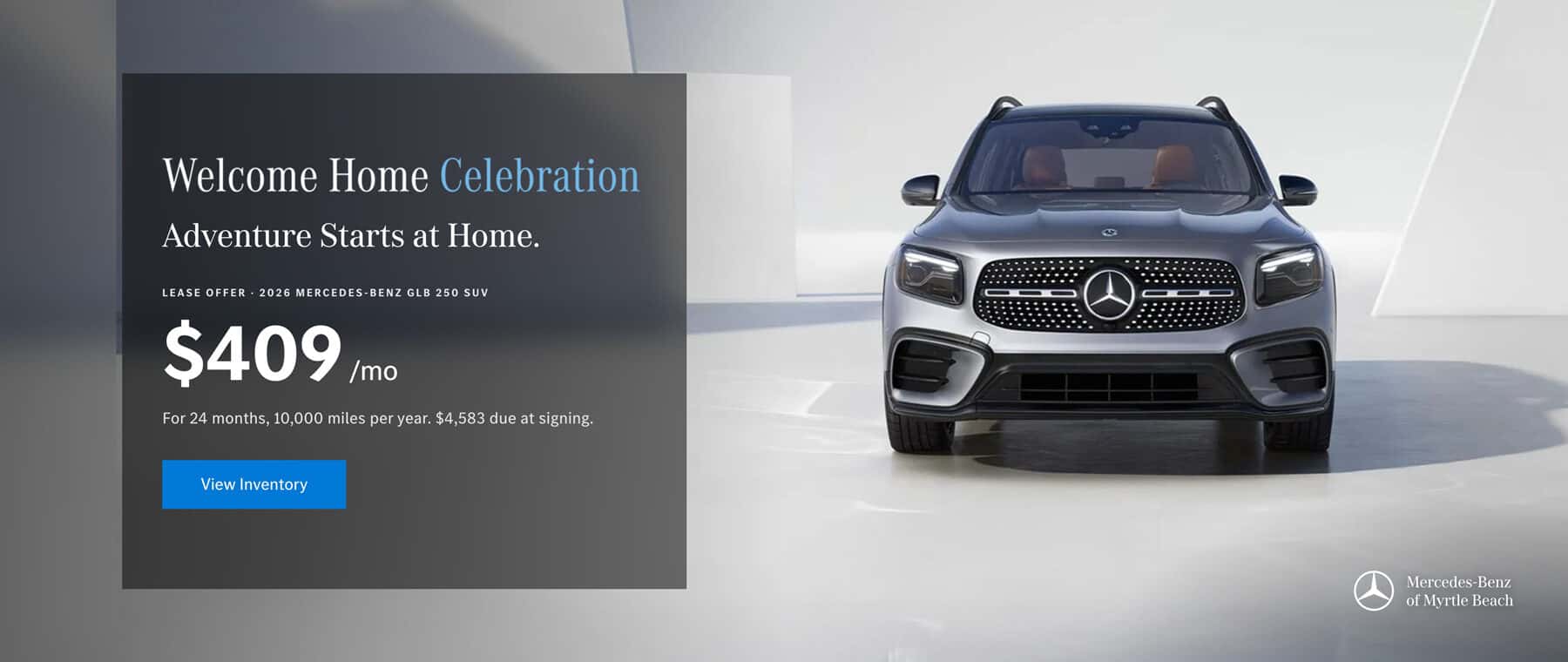 2026 Mercedes-Benz GLB 350 SUV lease special at Mercedes-Benz of Myrtle Beach, South Carolina featuring $699 per month during the Welcome Home Celebration.
