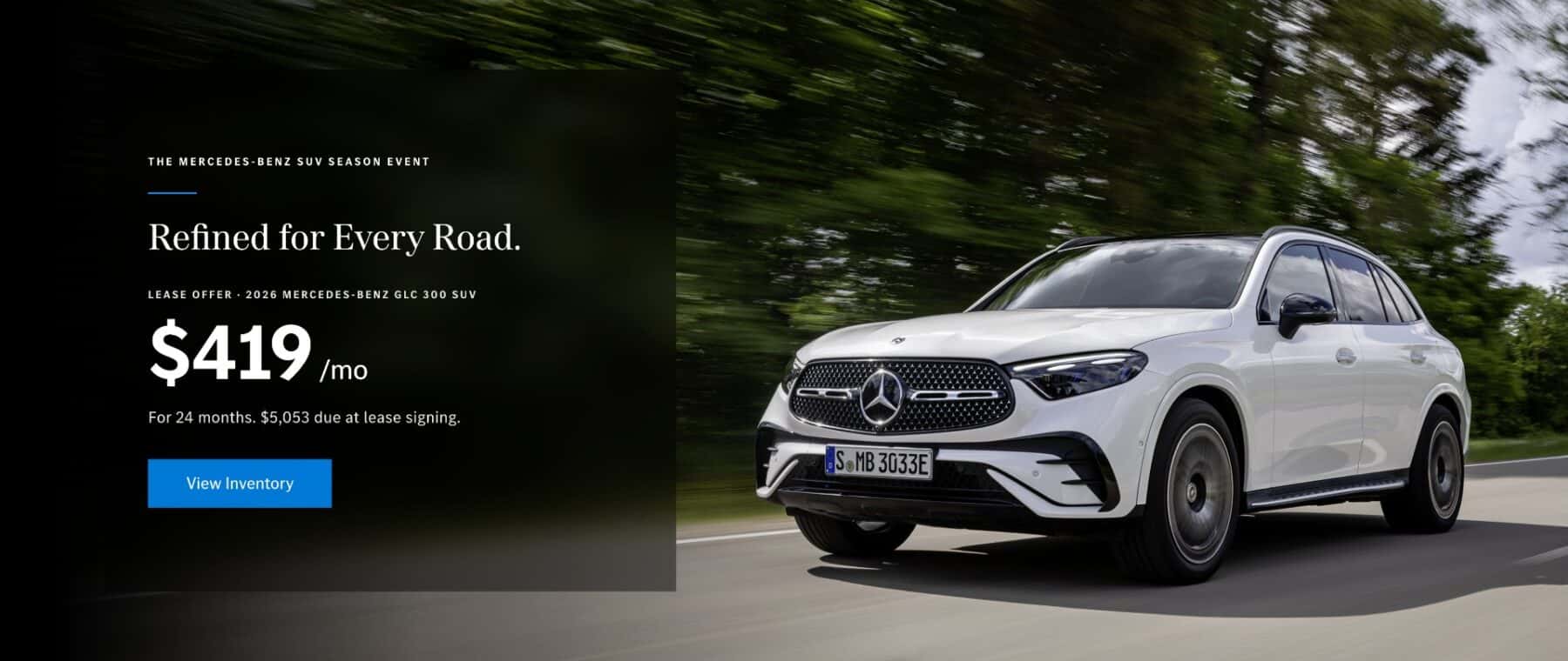 2026 Mercedes-Benz GLC 300 SUV lease offer at Mercedes-Benz of Myrtle Beach featuring the Mercedes-Benz SUV Season Event.