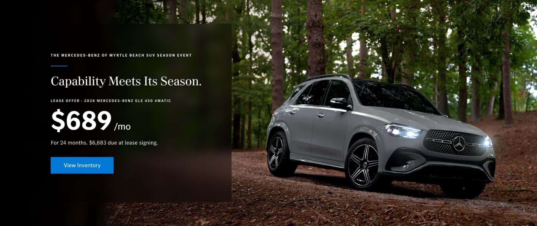 2026 Mercedes-Benz GLE 450 4MATIC luxury SUV lease offer at Mercedes-Benz of Myrtle Beach.