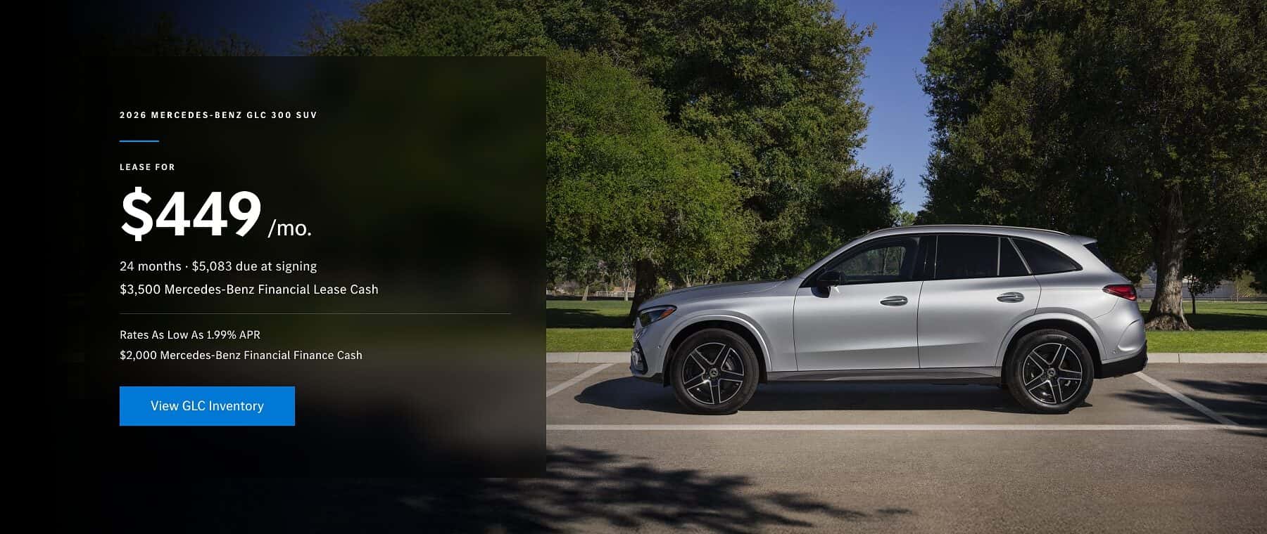 2026 Mercedes-Benz GLC 300 SUV lease offer, $449 per month for 24 months, at Mercedes-Benz of Myrtle Beach in Myrtle Beach, SC
