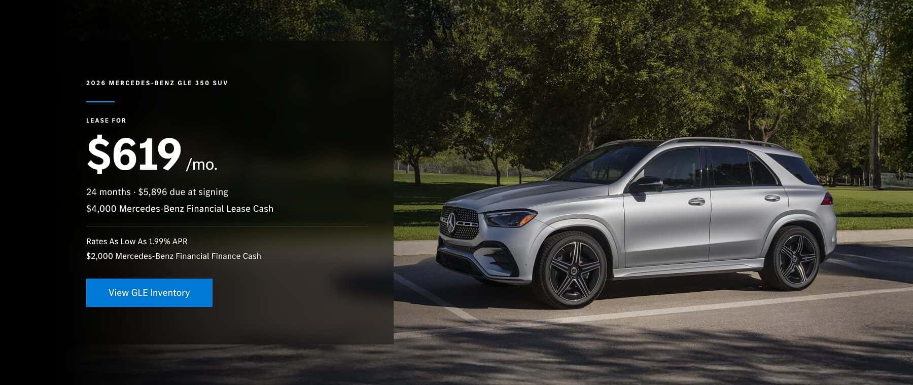 2026 Mercedes-Benz GLE 350 SUV lease offer, $619 per month for 24 months, at Mercedes-Benz of Myrtle Beach in Myrtle Beach, SC