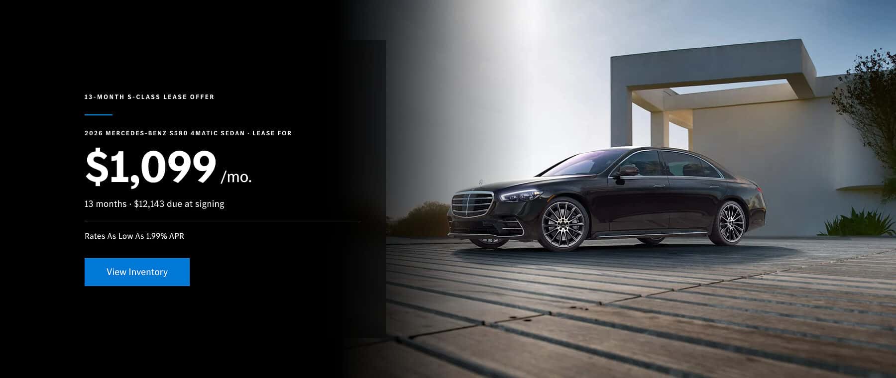 2026 Mercedes-Benz S580 4MATIC Sedan 13-month lease offer, $1,099 per month, at Mercedes-Benz of Myrtle Beach in Myrtle Beach, SC