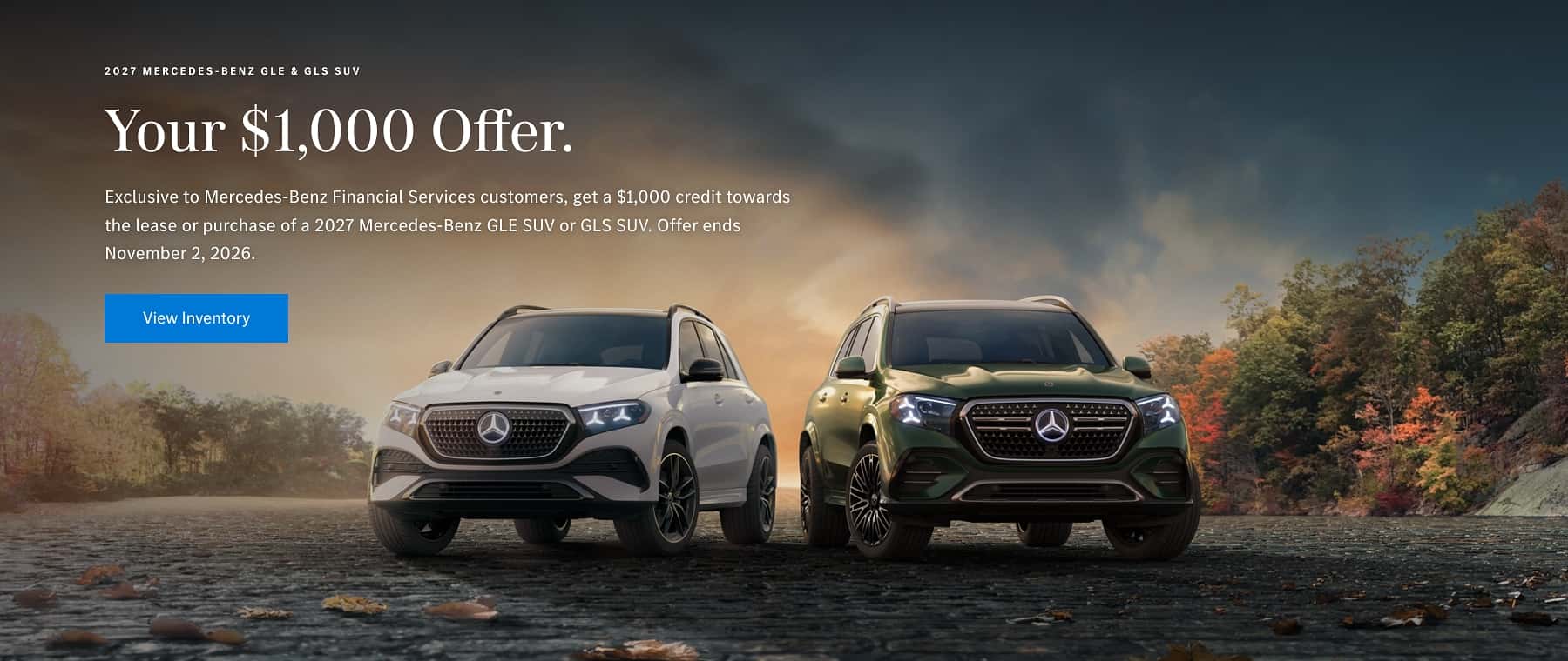 2027 Mercedes-Benz GLE and GLS SUVs with exclusive $1,000 Mercedes-Benz Financial Services customer offer at Mercedes-Benz of Myrtle Beach.