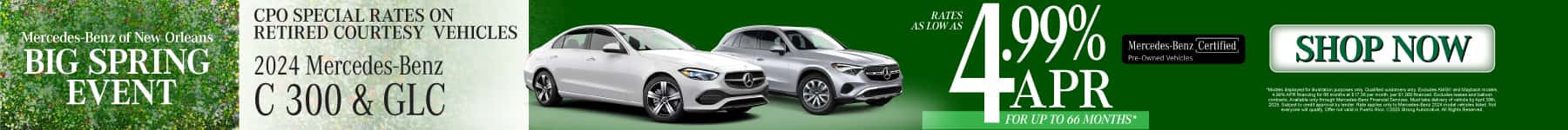 CPO Special Rates on Retired Courtesy Vehicles - 2024 Mercedes-Benz C 300 and GLC Rates As Low As 4.99% APR for 66 months*