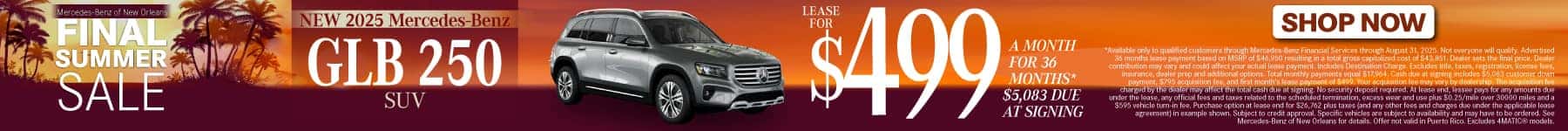 New 2025 Mecedes-Benz GLB 250 SUV Lease for $499 a month for 36 Months* $5,083 Due at Signing
