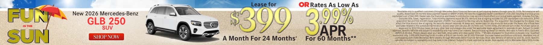 New 2026 Mercedes-Benz GLB 250 SUV Lease for $399/Mo. for 24 Mo.* or Rates As Low As 3.99% APR for 60 months**