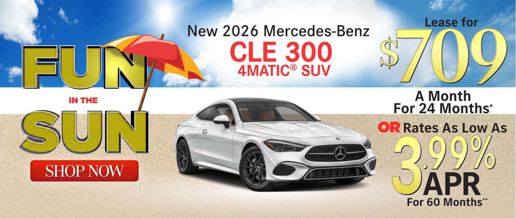 New 2026 Mercedes-Benz CLE 300 4MATIC® SUV Lease for $709/Mo. for 24 Mo.* or Rates As Low As 3.99% APR for 60 months**
