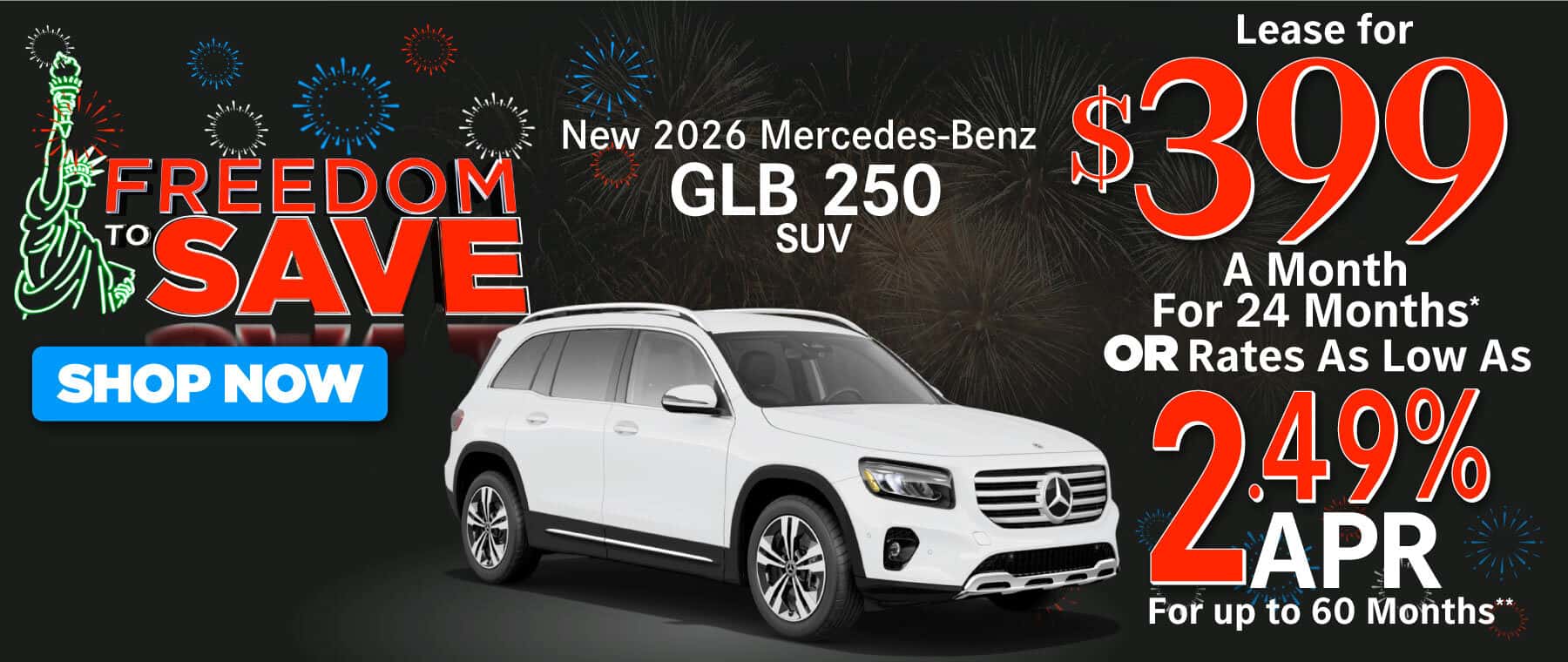 New 2026 Mercedes-Benz GLB 250 SUV Lease for $399/Mo. for 24 Mo.* or Rates As Low As 2.49% APR for up to 60 months**