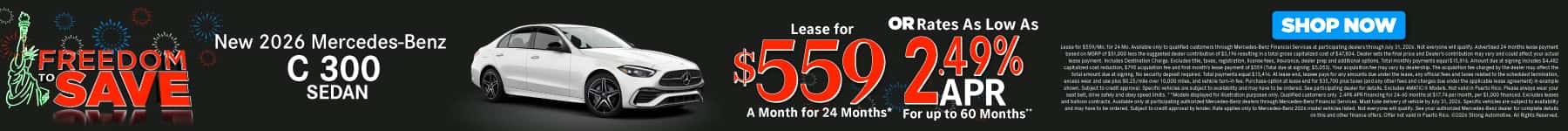 New 2026 Mercedes-Benz C 300 Sedan Lease for $559/Mo. for 24 Mo.* or Rates As Low As 2.49% APR for up to 60 months**