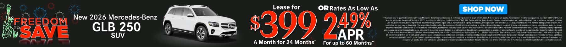 New 2026 Mercedes-Benz GLB 250 SUV Lease for $399/Mo. for 24 Mo.* or Rates As Low As 2.49% APR for up to 60 months**