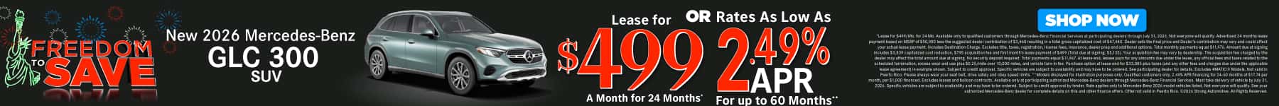New 2026 Mercedes-Benz GLC 300 SUV Lease for $499/Mo. for 24 Mo.* or Rates As Low As 2.49% APR for up to 60 months**