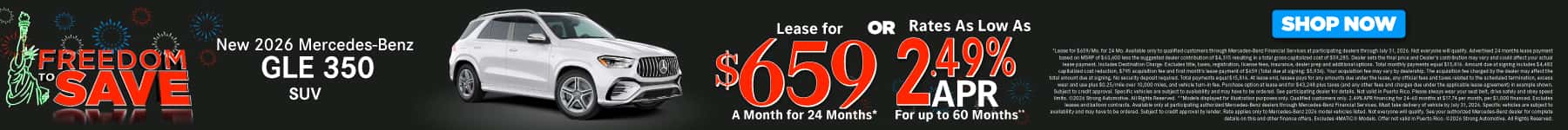 New 2026 Mercedes-Benz GLE 350 SUV Lease for $659/Mo. for 24 Mo.* or Rates As Low As 2.49% APR for up to 60 months**