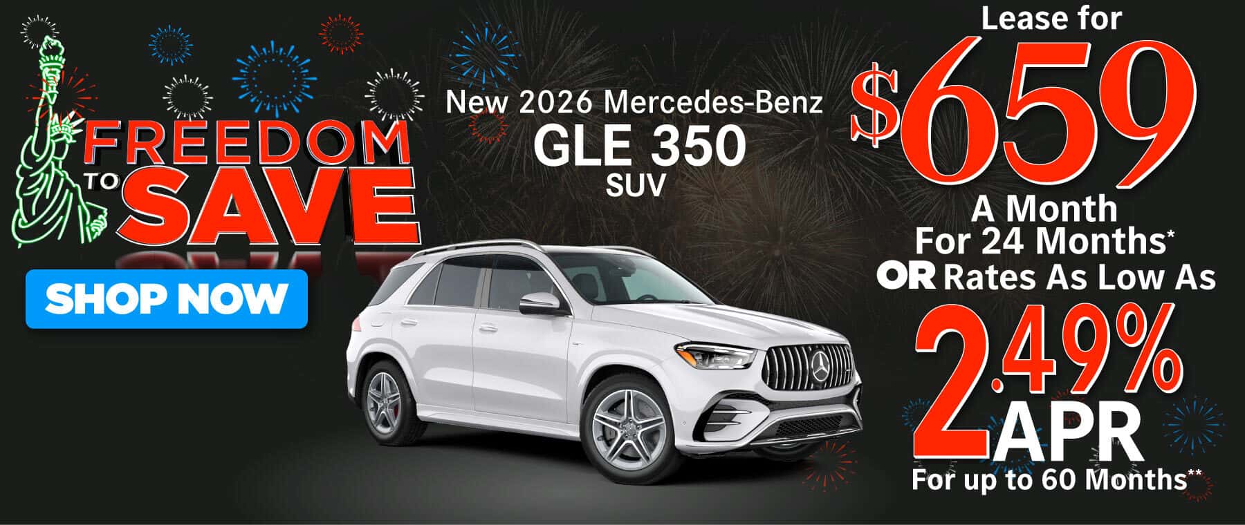 New 2026 Mercedes-Benz GLE 350 SUV Lease for $659/Mo. for 24 Mo.* or Rates As Low As 2.49% APR for up to 60 months**