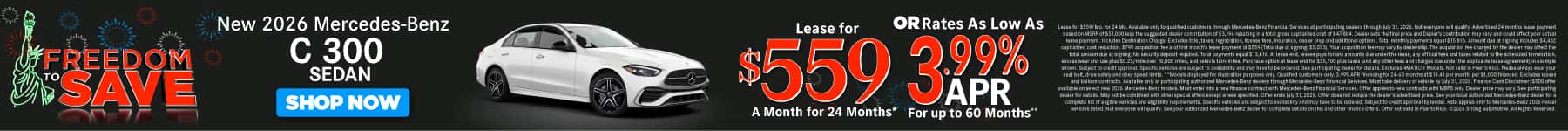New 2026 Mercedes-Benz C 300 Sedan Lease for $559/Mo. for 24 Mo.* or Rates As Low As 3.99% APR for up to 60 months**
