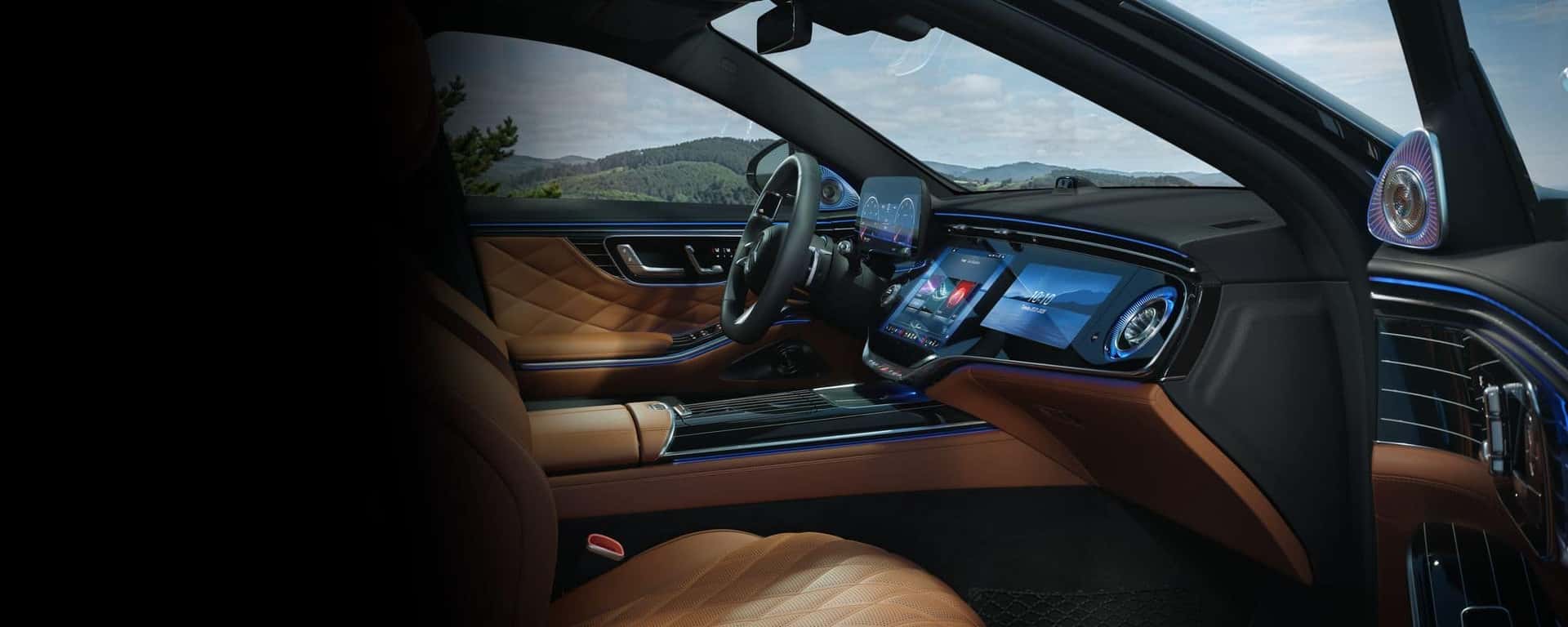 Mercedes-Benz MBUX touchscreens and driver display in a 2027 S-Class