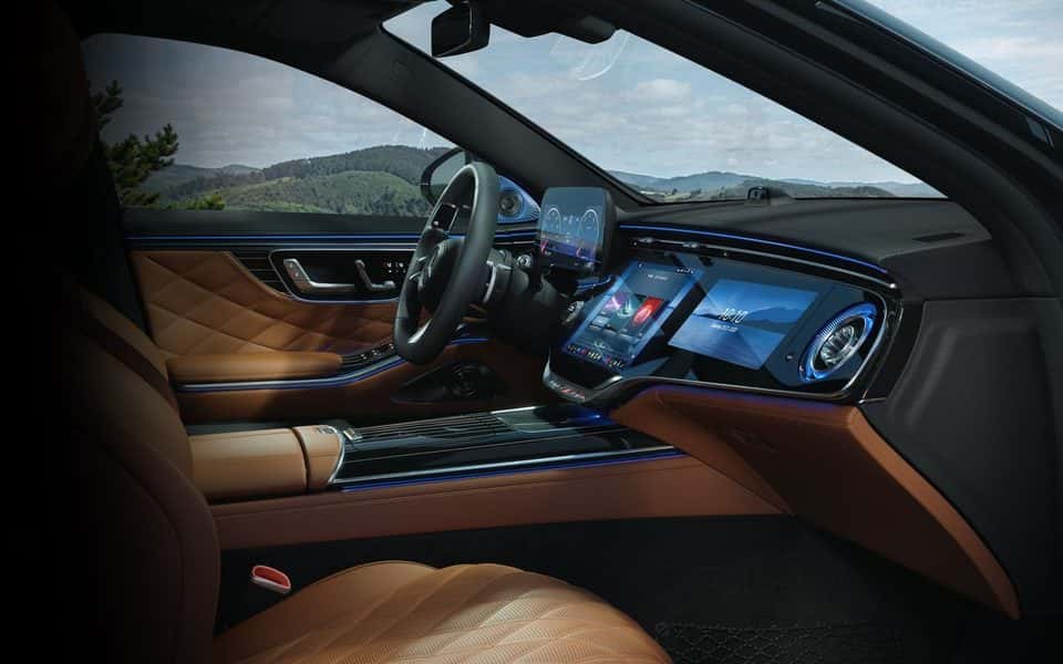 Mercedes-Benz MBUX touchscreens in a 2027 S-Class interior