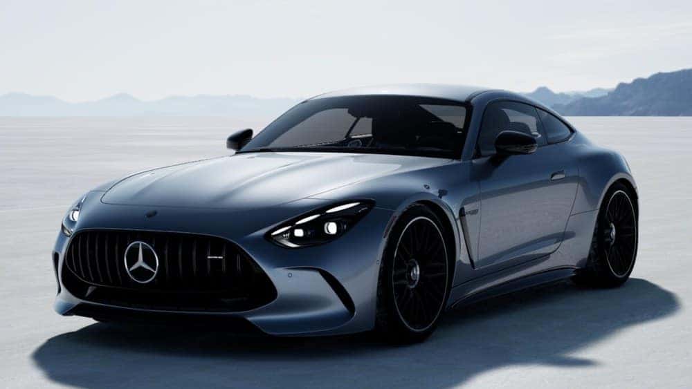 2026 Mercedes-AMG GT 63 Coupe, Cirrus Silver, from our inventory (stock TF010841), front three-quarter view. Optional equipment shown.
