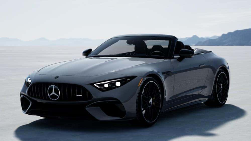 2027 Mercedes-AMG SL 55 Roadster, MANUFAKTUR Alpine Grey, from our inventory (stock VF030227), front three-quarter view. Optional equipment shown.