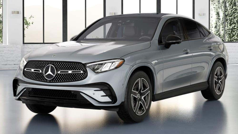 2027 GLC 300 4MATIC Coupe, Cirrus Silver, from our inventory (stock VF684700), front three-quarter view. Optional equipment shown.