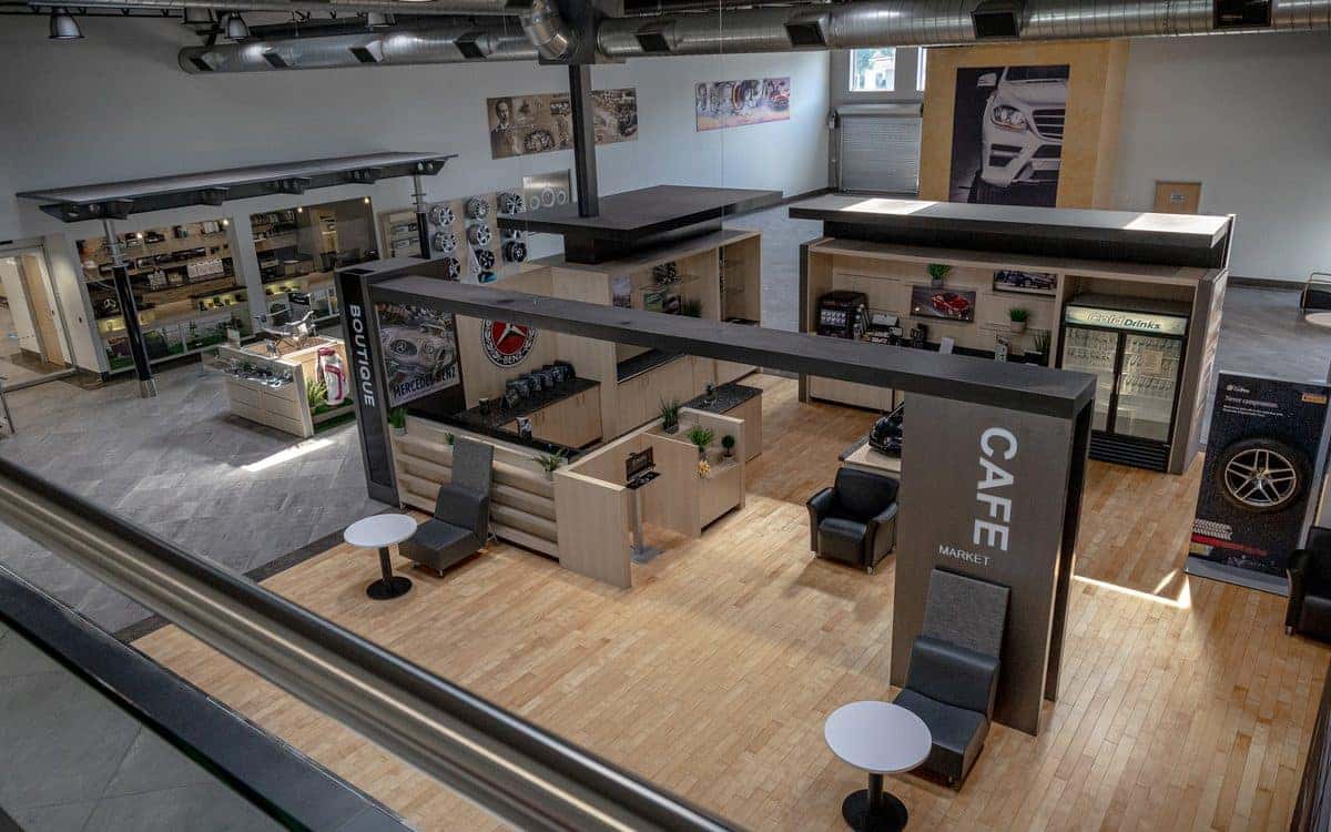 Cafe and Parts Boutique at the Mercedes-Benz of Rockville Centre Service Center, seen from the mezzanine
