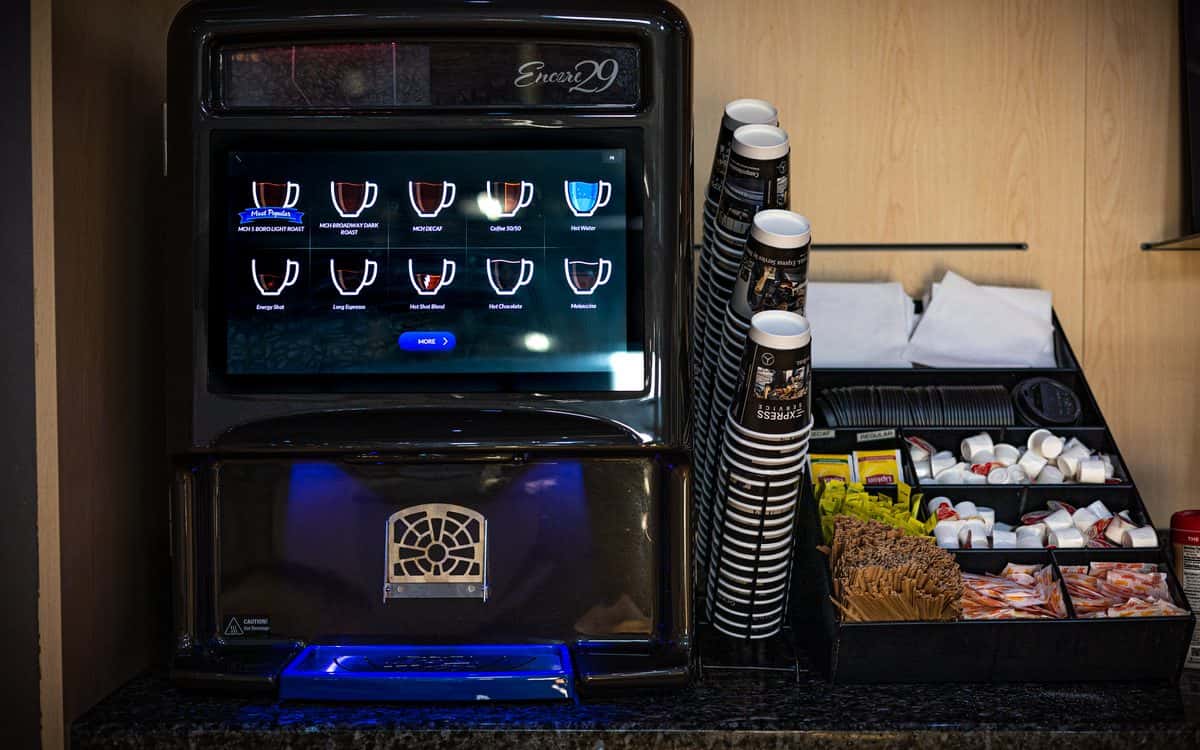 Complimentary coffee and snack station in the customer lounge at Mercedes-Benz of Rockville Centre