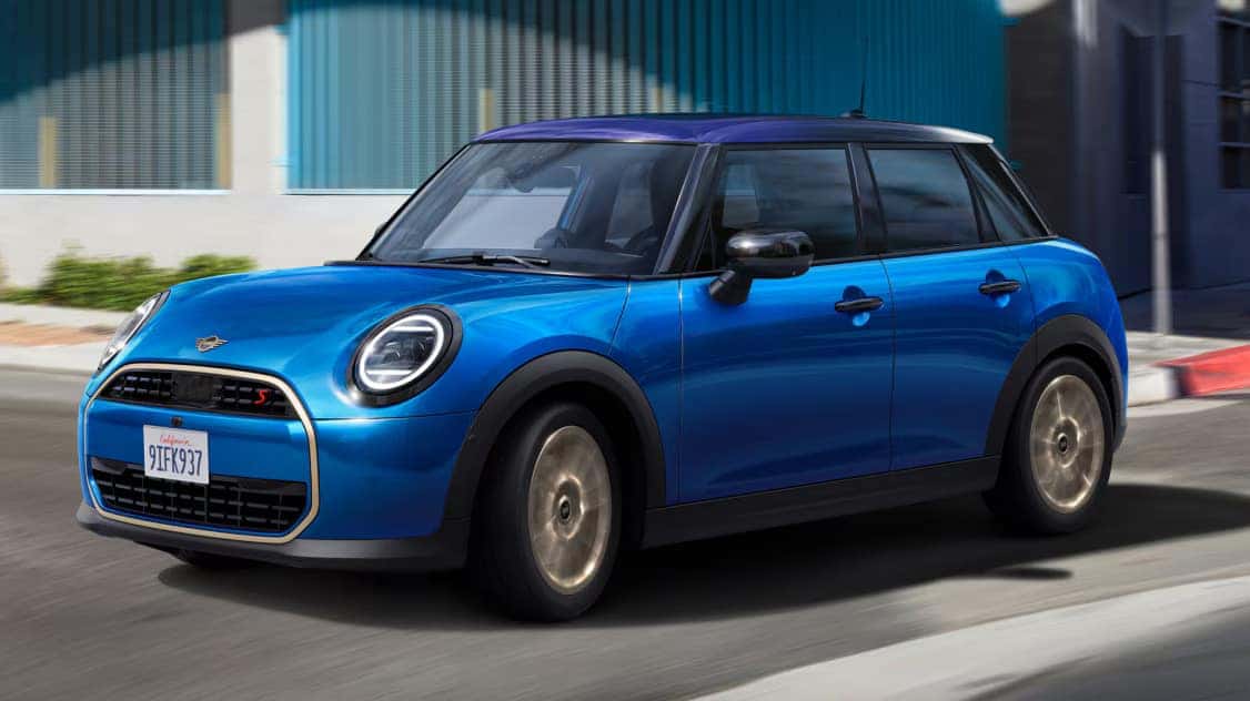 exterior side profile of a blue 2025 mini cooper 4 door