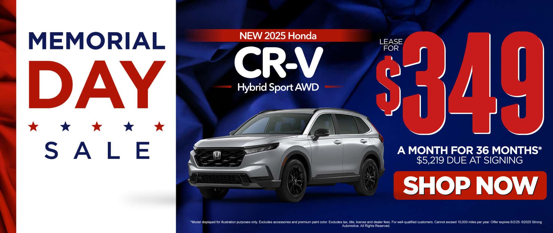 2025 Honda CR-V Hybrid Sport AWD Lease for $349/mo for 36 months $5,219 due at signing