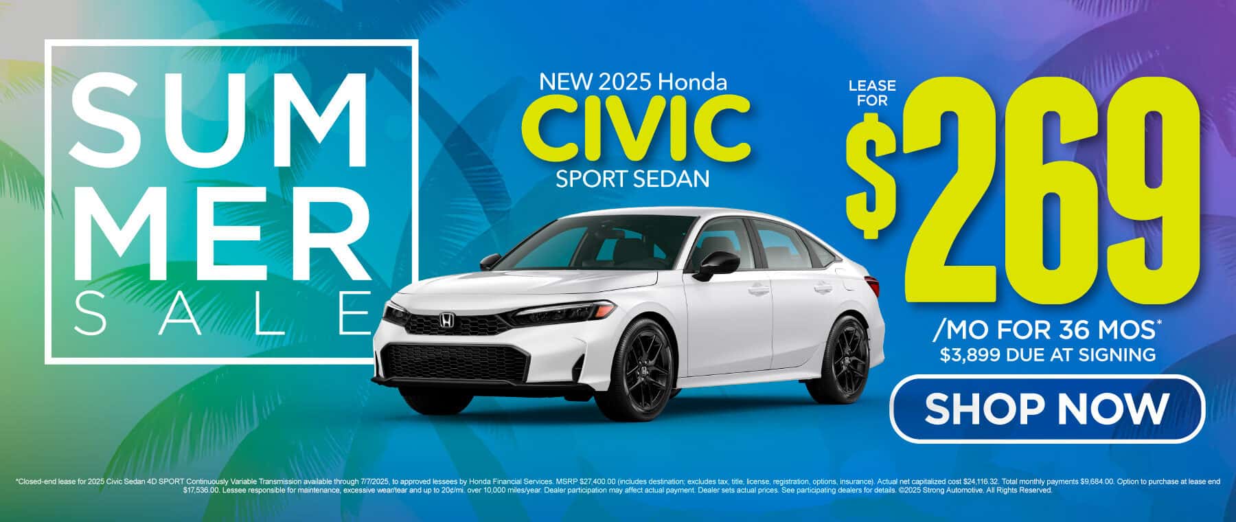 New 2025 Honda Civic Sport Sedan Lease for $269/mo for 36 mos* $3,899 due at signing