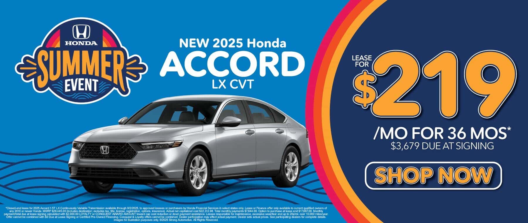 New 2025 Honda Accord LX CVT Lease for $219/mo for 36 mos* $3,679 due at signing