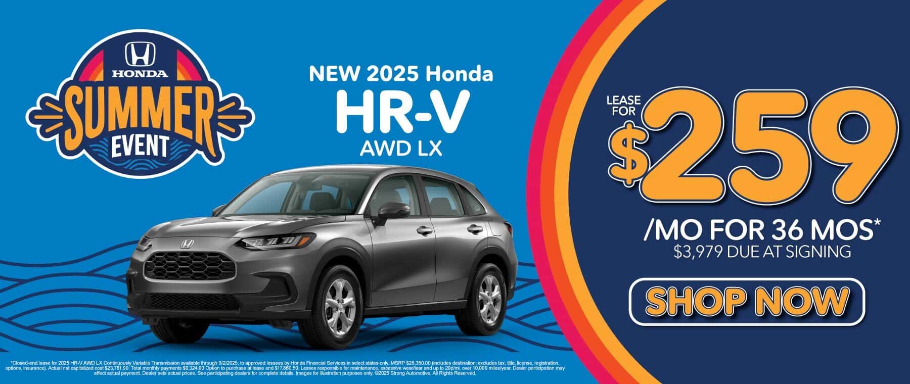 New 2025 Honda HR-V AWD LX Lease for $259/mo for 36 mos* $3,979 due at signing