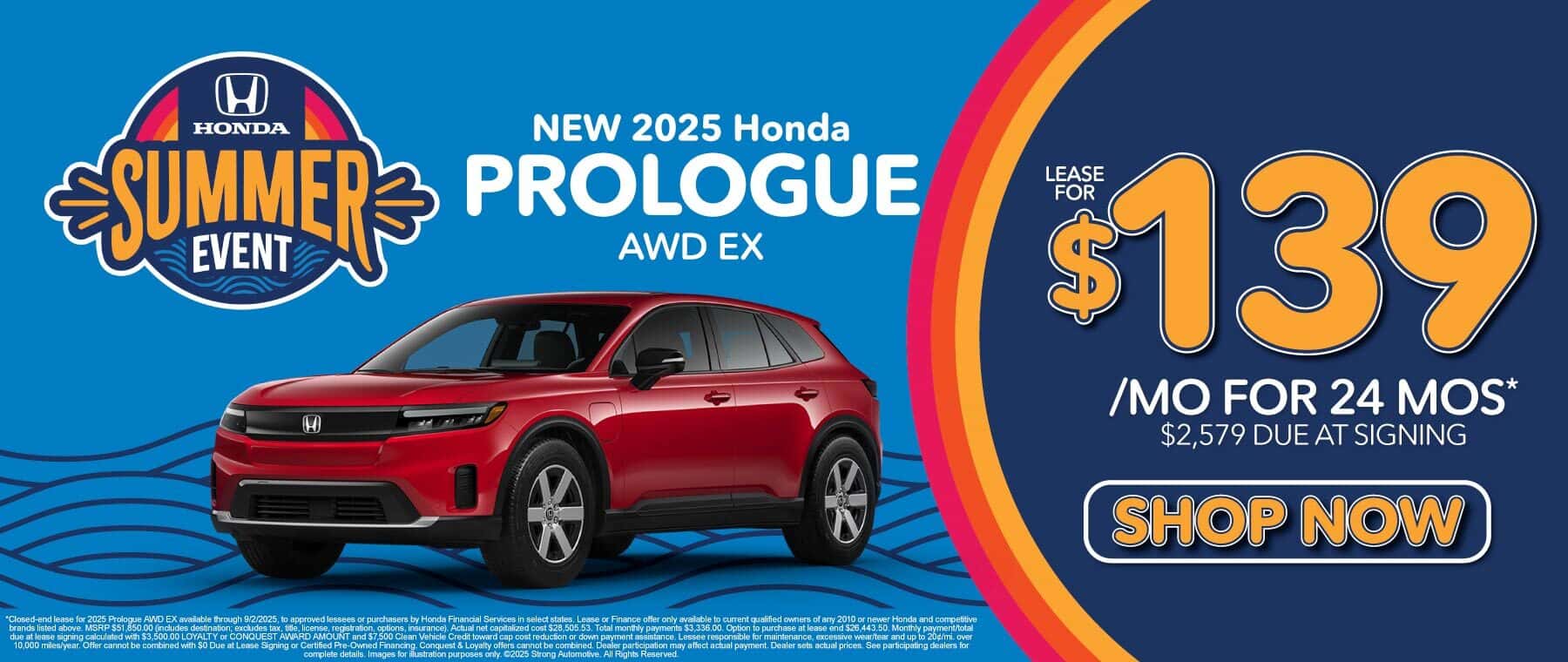 New 2025 Honda Prologue AWD EX Lease for $139/mo for 24 mos* $2,579 due at signing