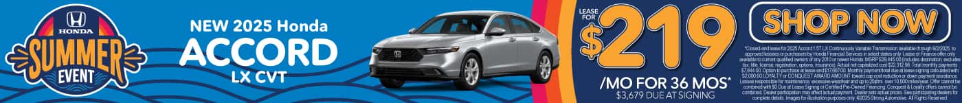 New 2025 Honda Accord LX CVT Lease for $219/mo for 36 mos* $3,679 due at signing