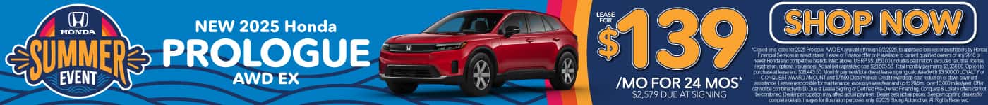 New 2025 Honda Prologue AWD EX Lease for $139/mo for 24 mos* $2,579 due at signing