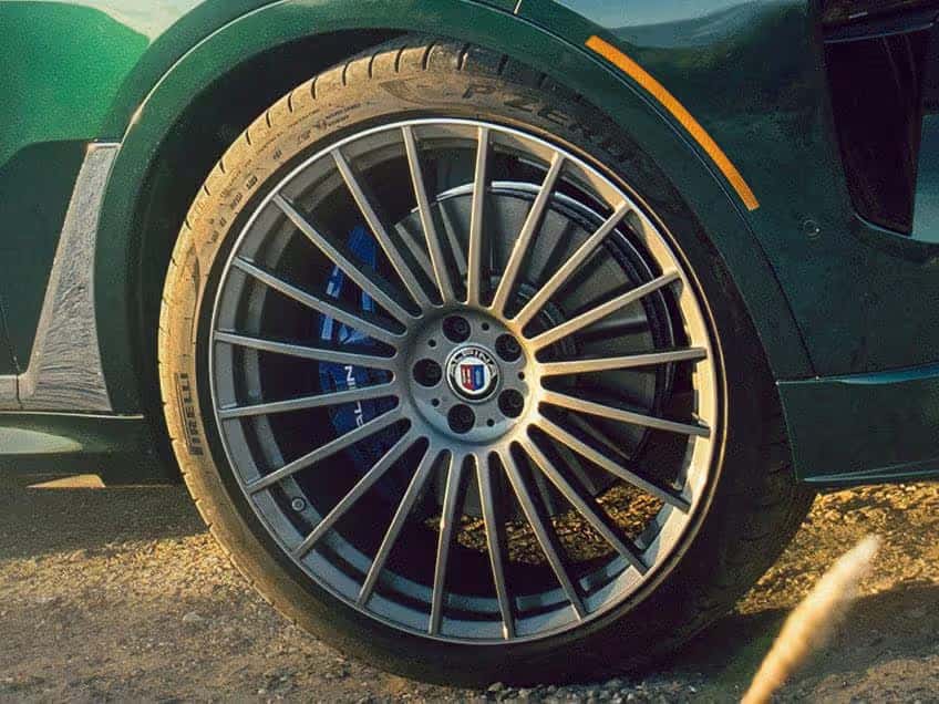 the front tire of an X7 alpina XB7