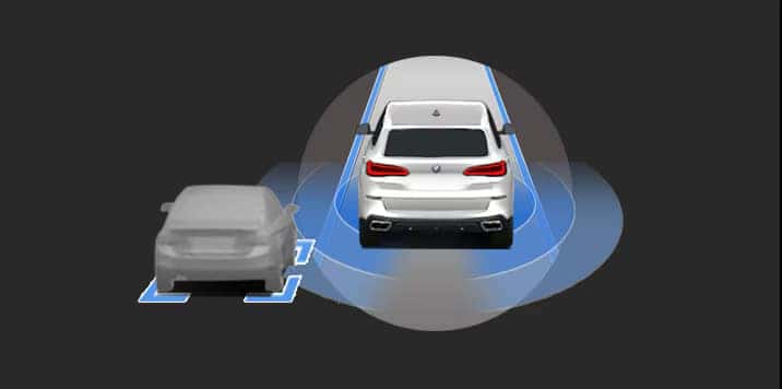 Illustration of BMW driver-assistance sensors monitoring surrounding traffic, featuring lane detection and rear vehicle alerts.