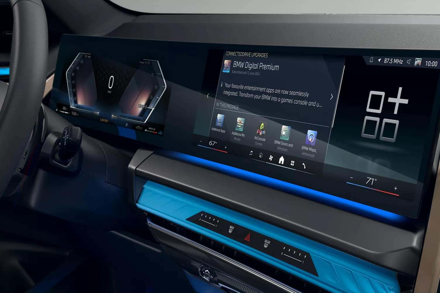 Close-up of the 2025 BMW X3 digital dashboard featuring BMW Digital Premium, curved touchscreen display, ambient lighting, and modern climate controls.