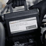 Mechanic replacing car battery
