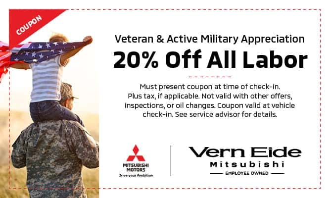 Veteran and Active Military 20 percent off labor coupon at Vern Eide Mitsubishi