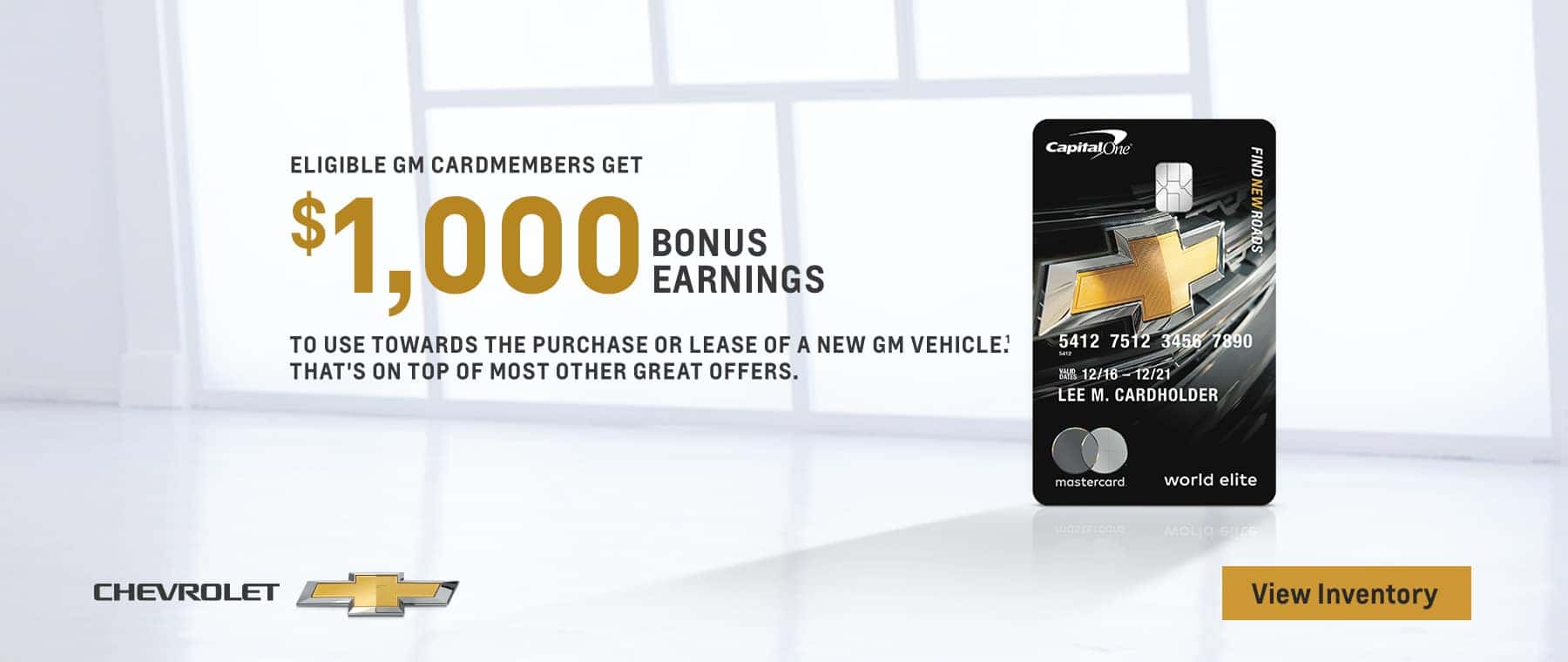 ELIGIBLE GM CARDMEMBERS GET $1,000 BONUS EARNINGS TO USE TOWARDS THE PURCHASE OR LEASE OF A NEW GM VEHICLE. THAT'S ON TOP OF MOST OTHER GREAT OFFERS.